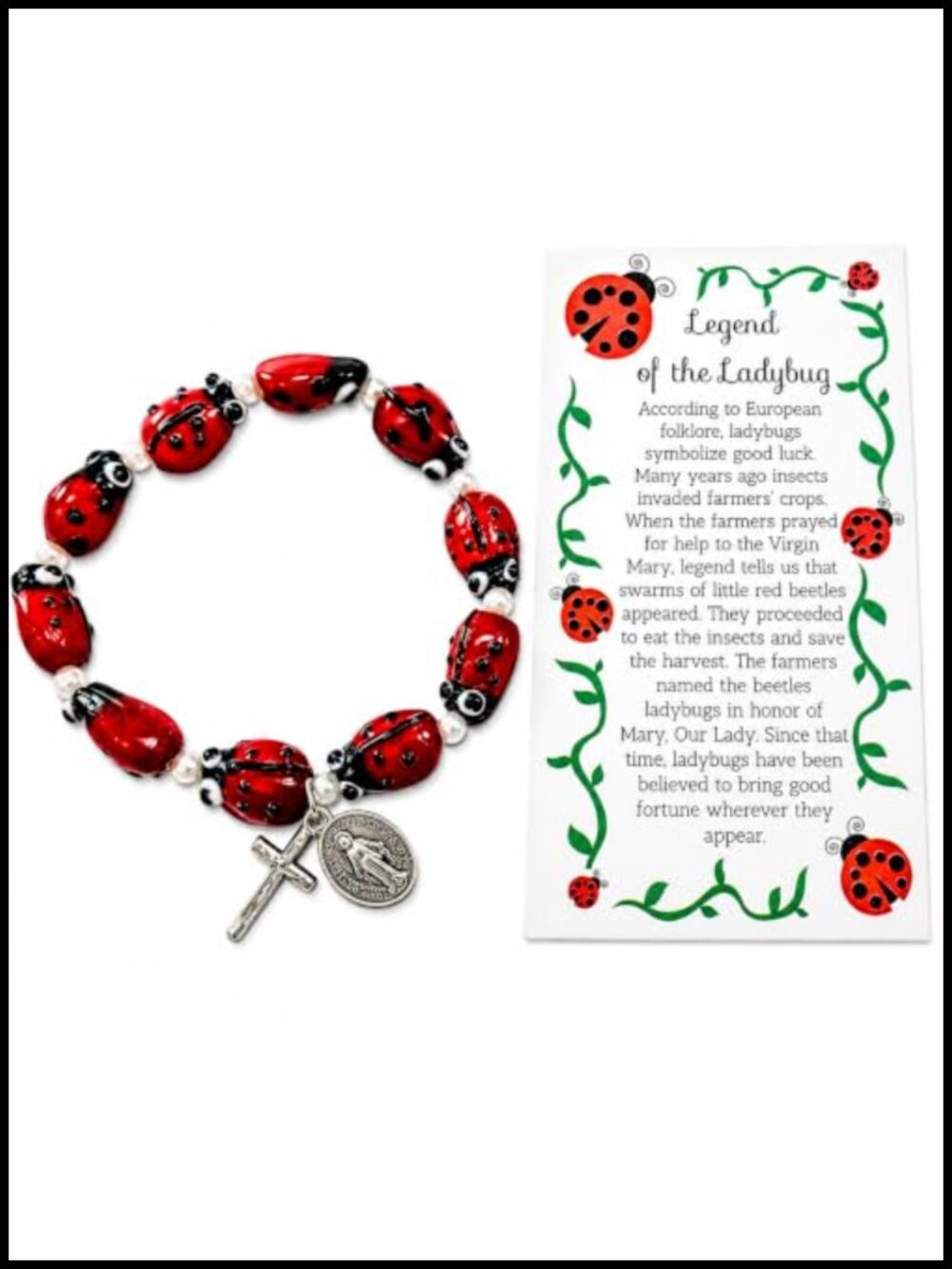 Ladybug Rosary Bracelet Glass Beads Stretch Elastic Our Lady Medal